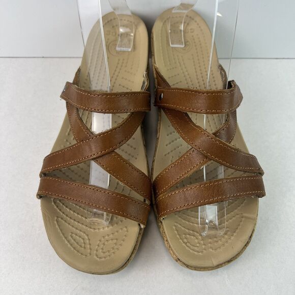 Crocs Women's A-leigh Sandal Size 9 Crisscross Wedge Slide Brown AS IS - Picture 2 of 9